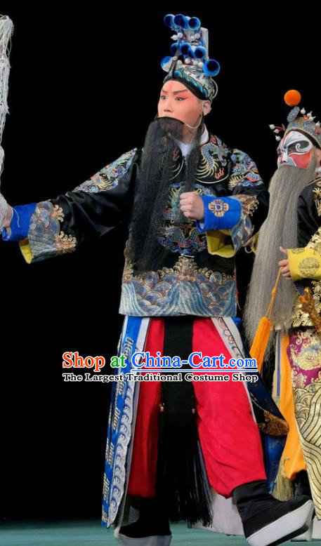 Duan Mi Jian Chinese Peking Opera Martial Male Garment Costumes and Headwear Beijing Opera Takefu Apparels General Wang Bodang Clothing