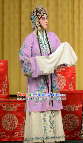 Chinese Beijing Opera Huadan Apparels Chun Qiu Bi Costumes and Headpieces Traditional Peking Opera Hua Tan Purple Dress Young Female Garment