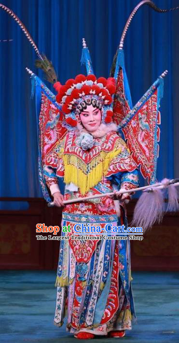 Chinese Beijing Opera Tao Ma Tan Apparels Mu Ke Zhai Costumes and Headpieces Traditional Peking Opera Female General Dress Mu Guiying Armor Garment with Flags
