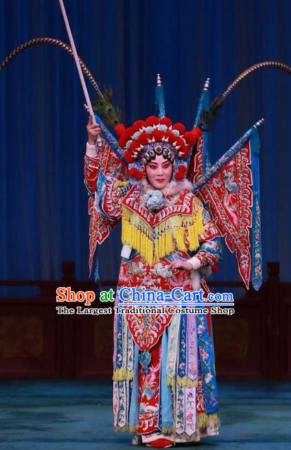 Chinese Beijing Opera Tao Ma Tan Apparels Mu Ke Zhai Costumes and Headpieces Traditional Peking Opera Female General Dress Mu Guiying Armor Garment with Flags