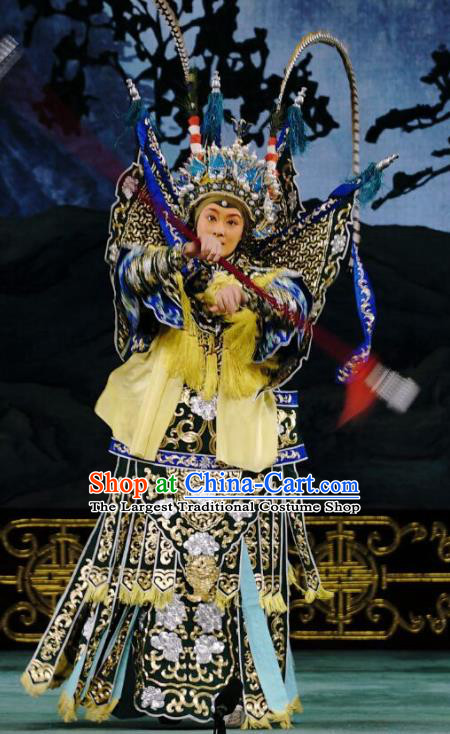 Chinese Beijing Opera Female General Apparels Colorful Spear Costumes and Headpieces Traditional Peking Opera Martial Woman Jiang Guizhi Armor Garment with Flags