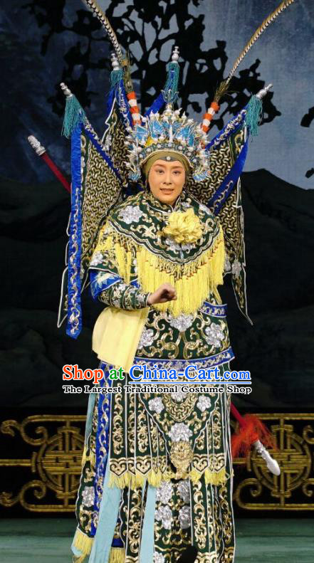 Chinese Beijing Opera Female General Apparels Colorful Spear Costumes and Headpieces Traditional Peking Opera Martial Woman Jiang Guizhi Armor Garment with Flags