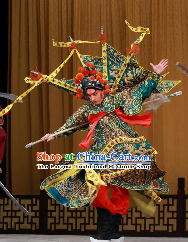 Sang Yuan Ji Zi Chinese Peking Opera Wusheng Garment Costumes and Headwear Beijing Opera General Kao with Flags Apparels Clothing