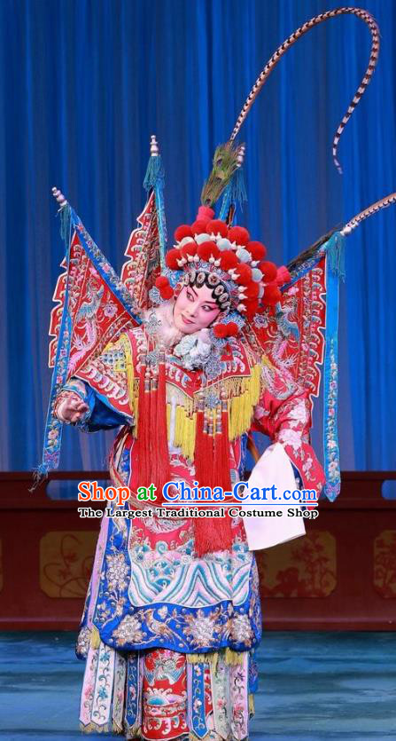 Chinese Beijing Opera Tao Ma Tan Mu Guiying Apparels Mu Ke Zhai Costumes and Headpieces Traditional Peking Opera Dress Female General Armor Garment with Flags
