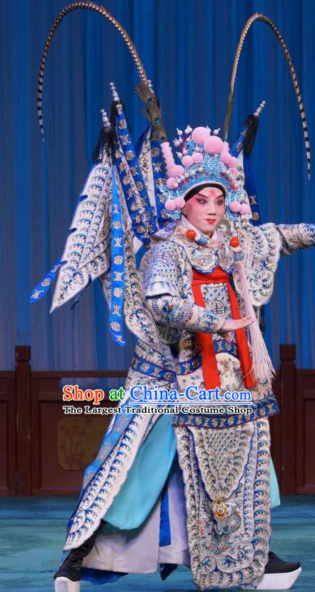 Mu Ke Zhai Chinese Peking Opera Martial Male Garment Costumes with Flags and Headwear Beijing Opera Apparels General Yang Zongbao Kao Armor Clothing