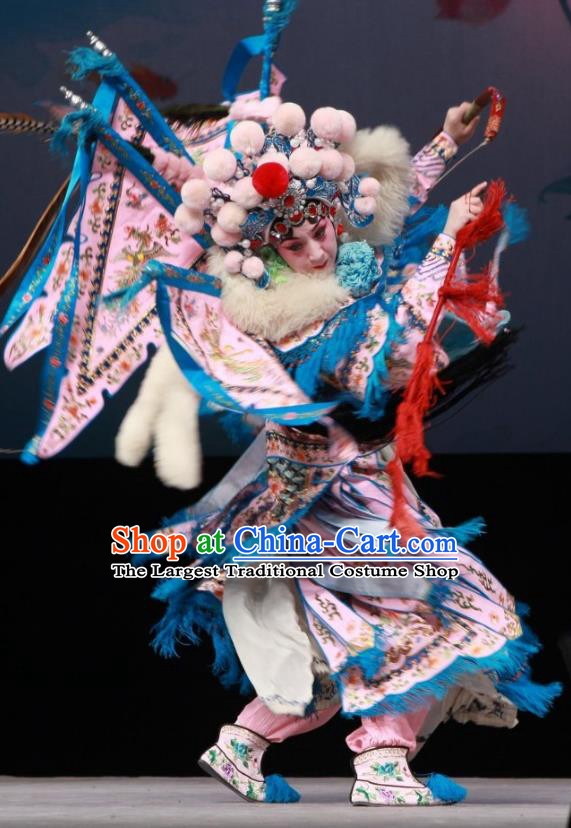 Chinese Beijing Opera Blues Armor Apparels Mu Ke Zhai Costumes and Headpieces Traditional Peking Opera Tao Ma Tan Dress Mu Guiying Kao Garment with Flags