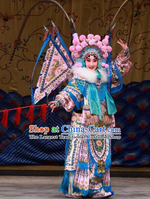 Chinese Beijing Opera Blues Armor Apparels Mu Ke Zhai Costumes and Headpieces Traditional Peking Opera Tao Ma Tan Dress Mu Guiying Kao Garment with Flags