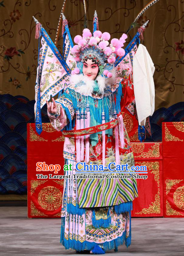 Chinese Beijing Opera Tao Ma Tan Armor Apparels Mu Ke Zhai Costumes and Headpieces Mu Guiying Kao Garment with Flags Traditional Peking Opera Blues Dress