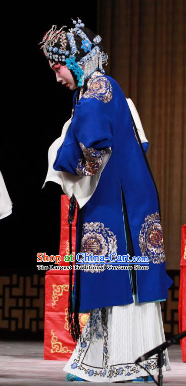 Chinese Beijing Opera Young Madam Apparels Jiang You Guan Costumes and Headpieces Traditional Peking Opera Hua Tan Blue Dress Garment