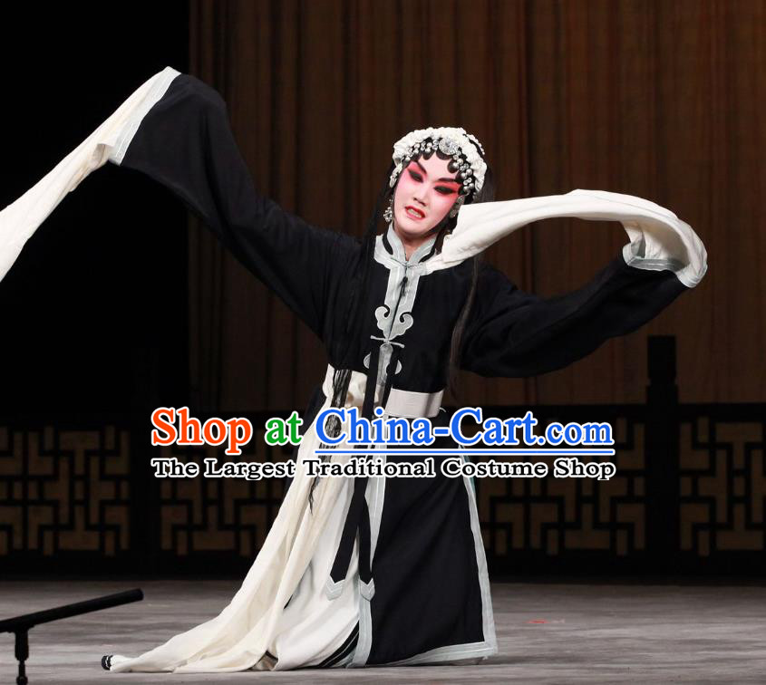 Chinese Beijing Opera Tsing Yi Black Apparels Qing Shuang Sword Costumes and Headpieces Traditional Peking Opera Young Female Dress Distress Maiden Shen Xuezhen Garment