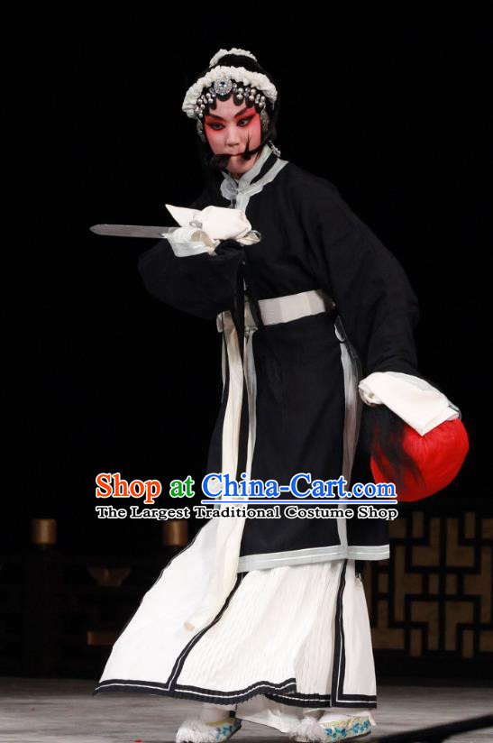 Chinese Beijing Opera Tsing Yi Black Apparels Qing Shuang Sword Costumes and Headpieces Traditional Peking Opera Young Female Dress Distress Maiden Shen Xuezhen Garment
