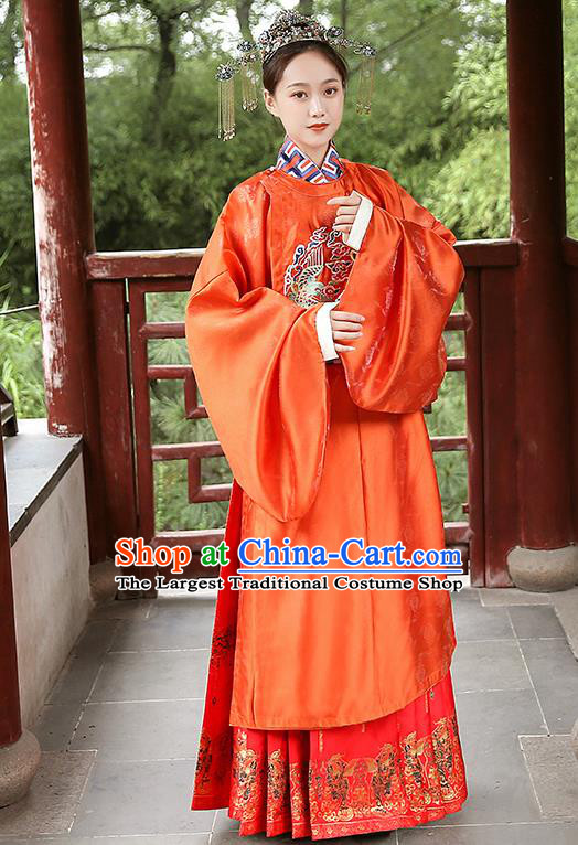 Chinese Traditional Ming Dynasty Wedding Hanfu Dress Ancient Queen Apparels Historical Costumes Round Collar Robe for Women