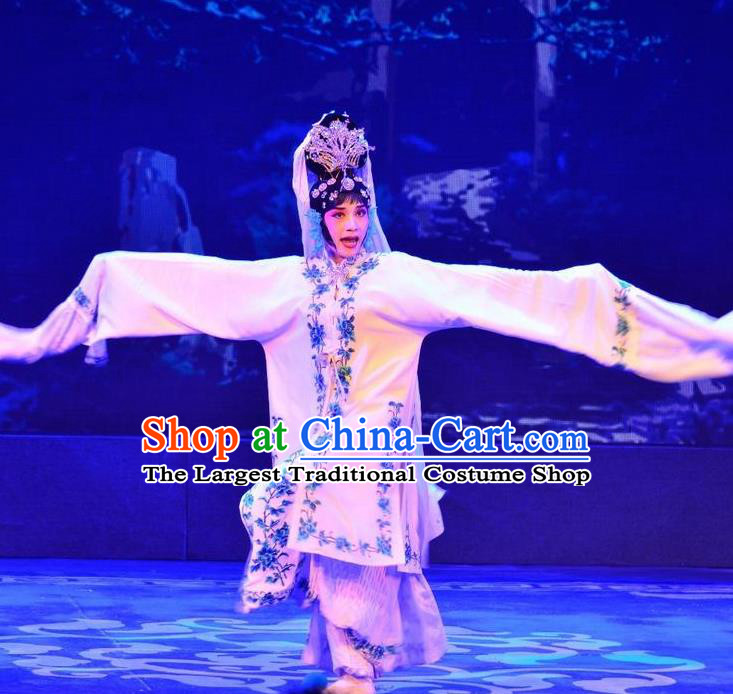 Chinese Beijing Opera Actress Apparels Catch San Lang Costumes and Headdress Traditional Peking Opera Hua Tan White Dress Diva Yan Xijiao Garment