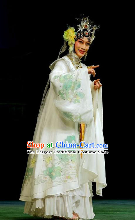 Chinese Beijing Opera Princess Miao Shan Apparels Love of Guan Yin Costumes and Headdress Traditional Peking Opera Diva Dress Goddess Garment