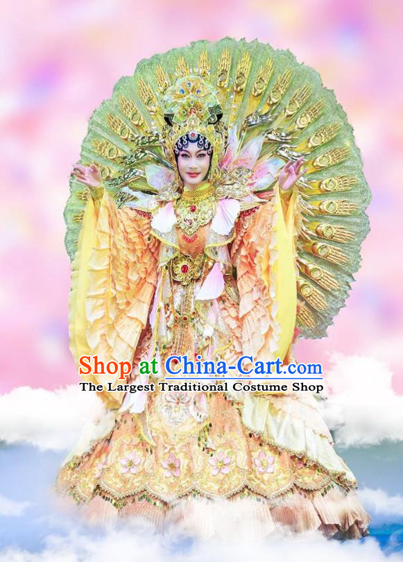 Chinese Beijing Opera Bodhisattva Apparels Love of Guan Yin Costumes and Headdress Traditional Peking Opera Mercy Buddha Dress Goddess Garment