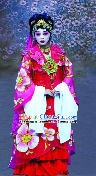 Chinese Beijing Opera Young Lady Apparels Love of Guan Yin Costumes and Headdress Traditional Peking Opera Goddess Princess Rosy Dress Garment