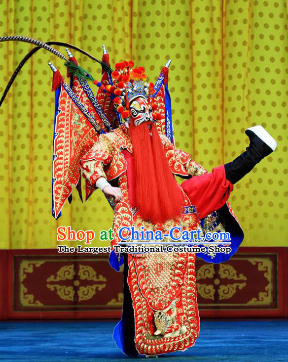 Bai Liang Guan Chinese Peking Opera General Armor Garment Costumes and Headwear Beijing Opera Apparels Martial Male Yuchi Gong Clothing with Flags