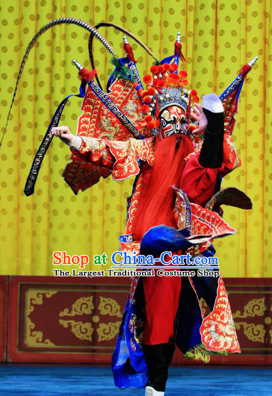 Bai Liang Guan Chinese Peking Opera General Armor Garment Costumes and Headwear Beijing Opera Apparels Martial Male Yuchi Gong Clothing with Flags