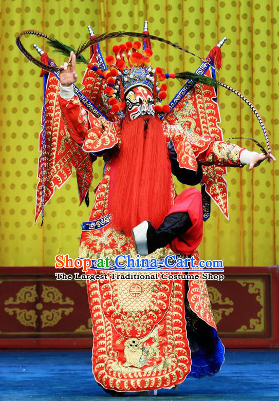 Bai Liang Guan Chinese Peking Opera General Armor Garment Costumes and Headwear Beijing Opera Apparels Martial Male Yuchi Gong Clothing with Flags