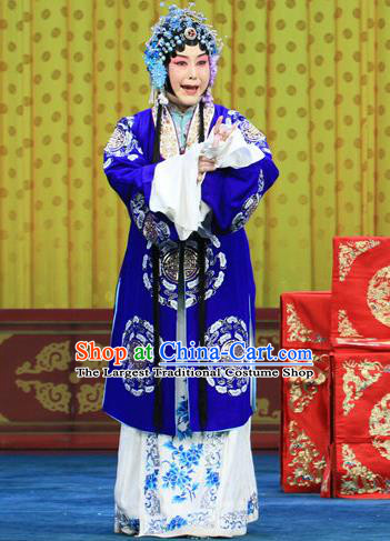 Chinese Beijing Opera Elderly Female Apparels Bai Liang Guan Costumes and Headdress Traditional Peking Opera Distress Woman Dress Dame Blue Garment