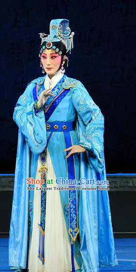 Chinese Beijing Opera Actress Apparels King Zhao Wuling Costumes and Headdress Traditional Peking Opera Hua Tan Blue Dress Queen Wu Wa Garment