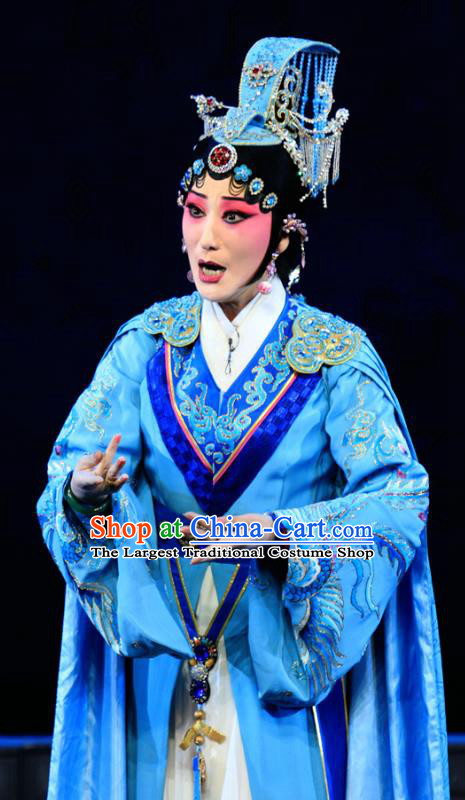 Chinese Beijing Opera Actress Apparels King Zhao Wuling Costumes and Headdress Traditional Peking Opera Hua Tan Blue Dress Queen Wu Wa Garment