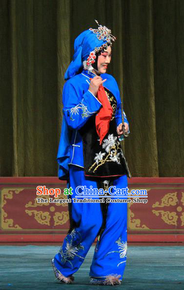 Chinese Beijing Opera Female Apparels Ju Da Gang Costumes and Headdress Traditional Peking Opera Country Woman Blue Dress Garment