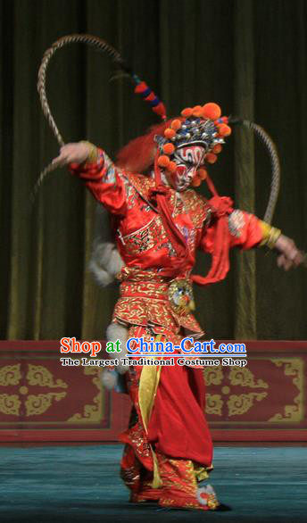 Ju Da Gang Chinese Peking Opera Swordsman Garment Costumes and Headwear Beijing Opera Apparels Martial Male Soldier Red Clothing
