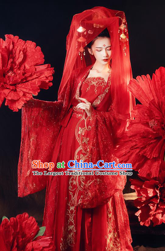 Chinese Traditional Tang Dynasty Wedding Historical Costumes Ancient Patrician Female Embroidered Red Hanfu Dress Bride Garment Complete Set