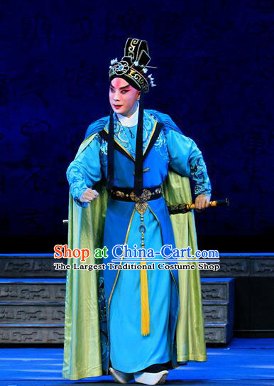 King Zhao Wuling Chinese Peking Opera Prince Zhao Zhang Garment Costumes and Headwear Beijing Opera Young Male Apparels Xiaosheng Blue Clothing