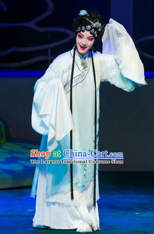Chinese Beijing Opera Diva Nie Xiaoqian Apparels Lan Ruo Wu Geng Costumes and Headdress Traditional Peking Opera Hua Tan Dress Actress Garment