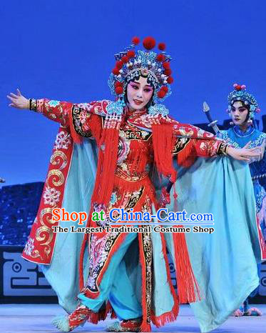 Chinese Beijing Opera Tao Ma Tan Red Apparels Nan Jie Guan Costumes and Headdress Traditional Peking Opera Blues Red Dress Heroine Xu Jinhua Garment