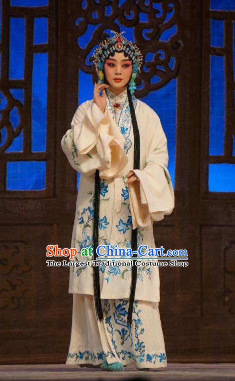 Chinese Beijing Opera Young Mistress Garment Man Jiang Hong Costumes and Hair Accessories Traditional Peking Opera Actress Dress Distress Maiden Apparels