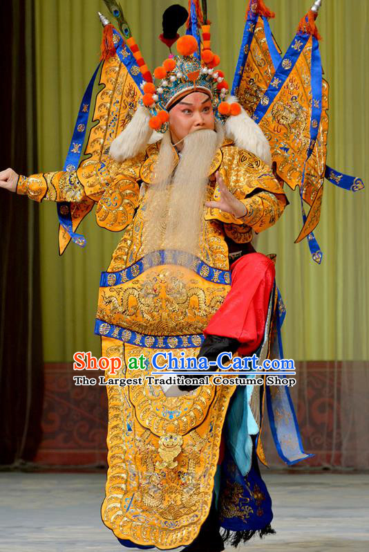 Zhu Lian Zhai Chinese Peking Opera Laosheng Apparels Costumes and Headpieces Beijing Opera Elderly Male Garment General Li Keyong Kao Clothing with Flags