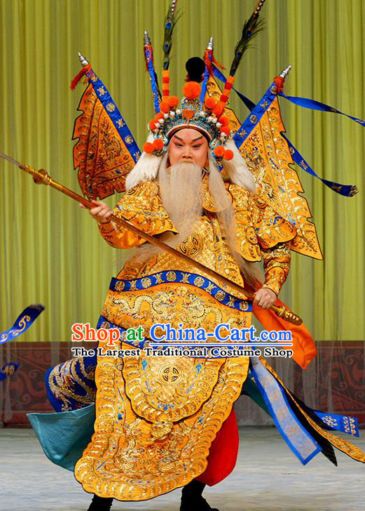 Zhu Lian Zhai Chinese Peking Opera Laosheng Apparels Costumes and Headpieces Beijing Opera Elderly Male Garment General Li Keyong Kao Clothing with Flags