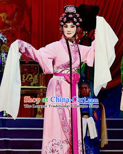 Chinese Beijing Opera Hua Tan Apparels Qi Nv Wu Rong Costumes and Headdress Traditional Peking Opera Young Female Pink Dress Actress Garment