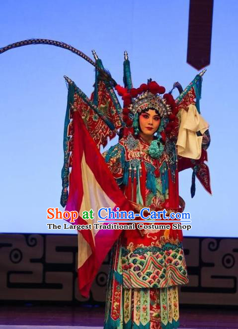 Chinese Beijing Opera Female General Mu Guiying Apparels Zhan Hong Zhou Costumes and Headdress Traditional Peking Opera Blues Dress Tao Ma Tan Garment