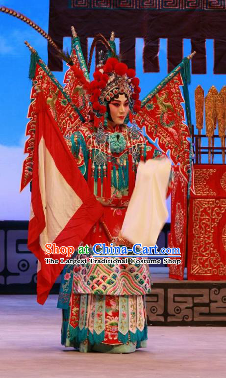 Chinese Beijing Opera Female General Mu Guiying Apparels Zhan Hong Zhou Costumes and Headdress Traditional Peking Opera Blues Dress Tao Ma Tan Garment