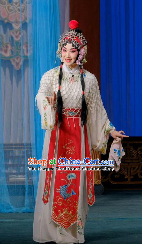 Chinese Beijing Opera Young Female Apparels Gai Rong Zhan Fu Costumes and Headdress Traditional Peking Opera Hua Tan Dress Diva Wan Xiangyou Garment
