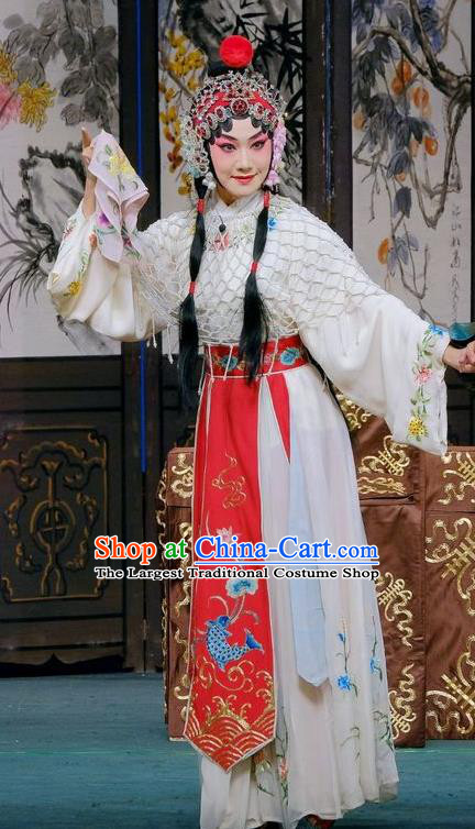 Chinese Beijing Opera Young Female Apparels Gai Rong Zhan Fu Costumes and Headdress Traditional Peking Opera Hua Tan Dress Diva Wan Xiangyou Garment