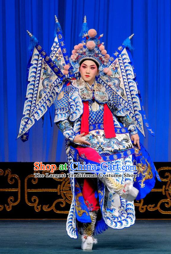 Chinese Beijing Opera Female General Kao Apparels Gai Rong Zhan Fu Costumes and Headdress Traditional Peking Opera Martial Woman Dress Wan Xiangyou Garment with Flags