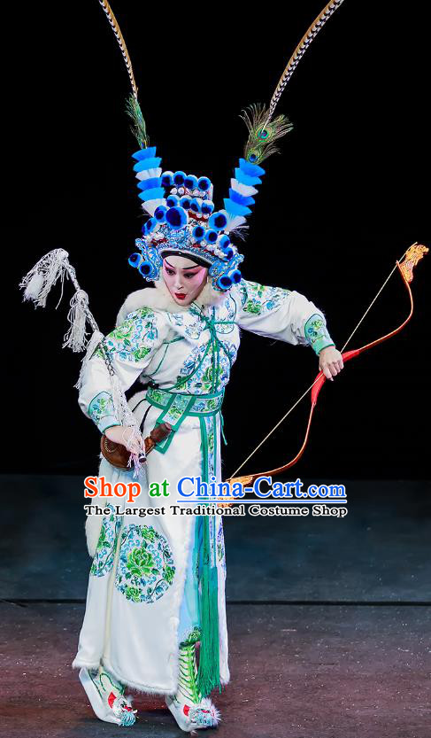 Chinese Beijing Opera Female Swordsman Apparels Chun Ri Yan Costumes and Headdress Traditional Peking Opera Martial Woman Dress Princess Yi Lan Garment