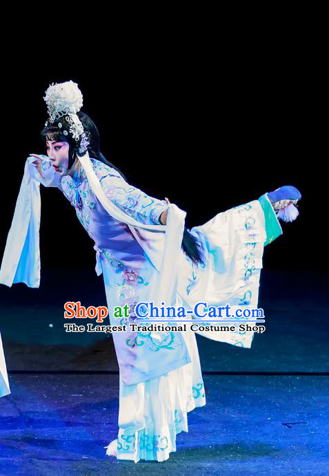 Chinese Beijing Opera Tsing Yi Apparels Chun Ri Yan Costumes and Headdress Traditional Peking Opera Distress Maiden Dress Princess Yi Lan Garment