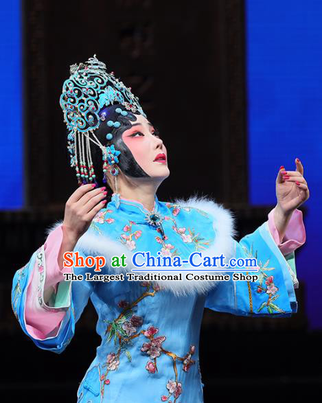 Chinese Beijing Opera Hua Tan Apparels Mei Hua Zan Costumes and Headdress Traditional Peking Opera Princess Blue Dress Actress Garment