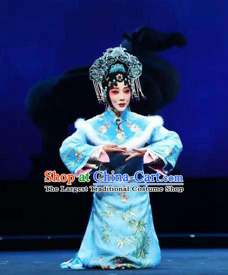 Chinese Beijing Opera Hua Tan Apparels Mei Hua Zan Costumes and Headdress Traditional Peking Opera Princess Blue Dress Actress Garment