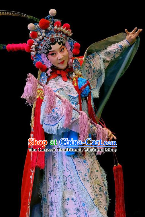 Chinese Beijing Opera Female Swordsman Apparels Mei Hua Zan Costumes and Headdress Traditional Peking Opera Martial Female Xue Jinlian Dress Armor Garment