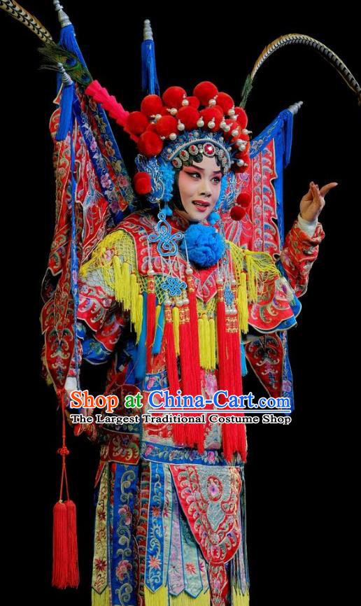 Chinese Beijing Opera Tao Ma Tan Kao Apparels Fan Jiang Guan Costumes and Headdress Traditional Peking Opera Female General Fan Lihua Dress Armor Garment with Flags
