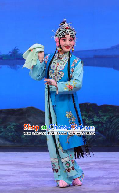 Chinese Beijing Opera Xiaodan Apparels You Hu Costumes and Headdress Traditional Peking Opera Young Lady Blue Dress Maidservant Xiao Qing Garment