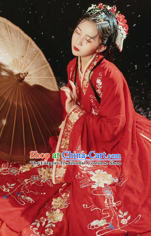 Traditional Chinese Ancient Royal Princess Embroidered Red Hanfu Dress Garment Jin Dynasty Wedding Historical Costumes Complete Set