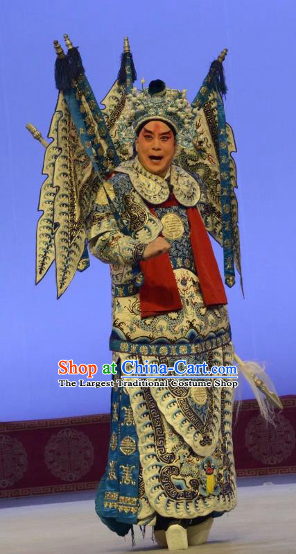 Shen Ting Ling Chinese Peking Opera Military Officer Apparels Costumes and Headpieces Beijing Opera Wusheng Garment General Sun Ce Kao Clothing with Flags